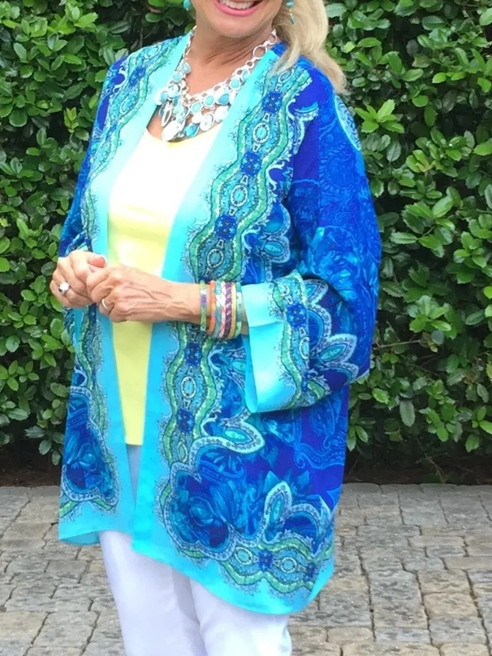 CHICO’S Silky Turquoise & Blue Paisley Medallion Open-Front Kimono Wrap Cardigan